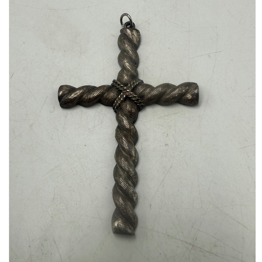 Vintage Twisted Rope Cross Pendant Large Pewter Tone Statement Religious Charm